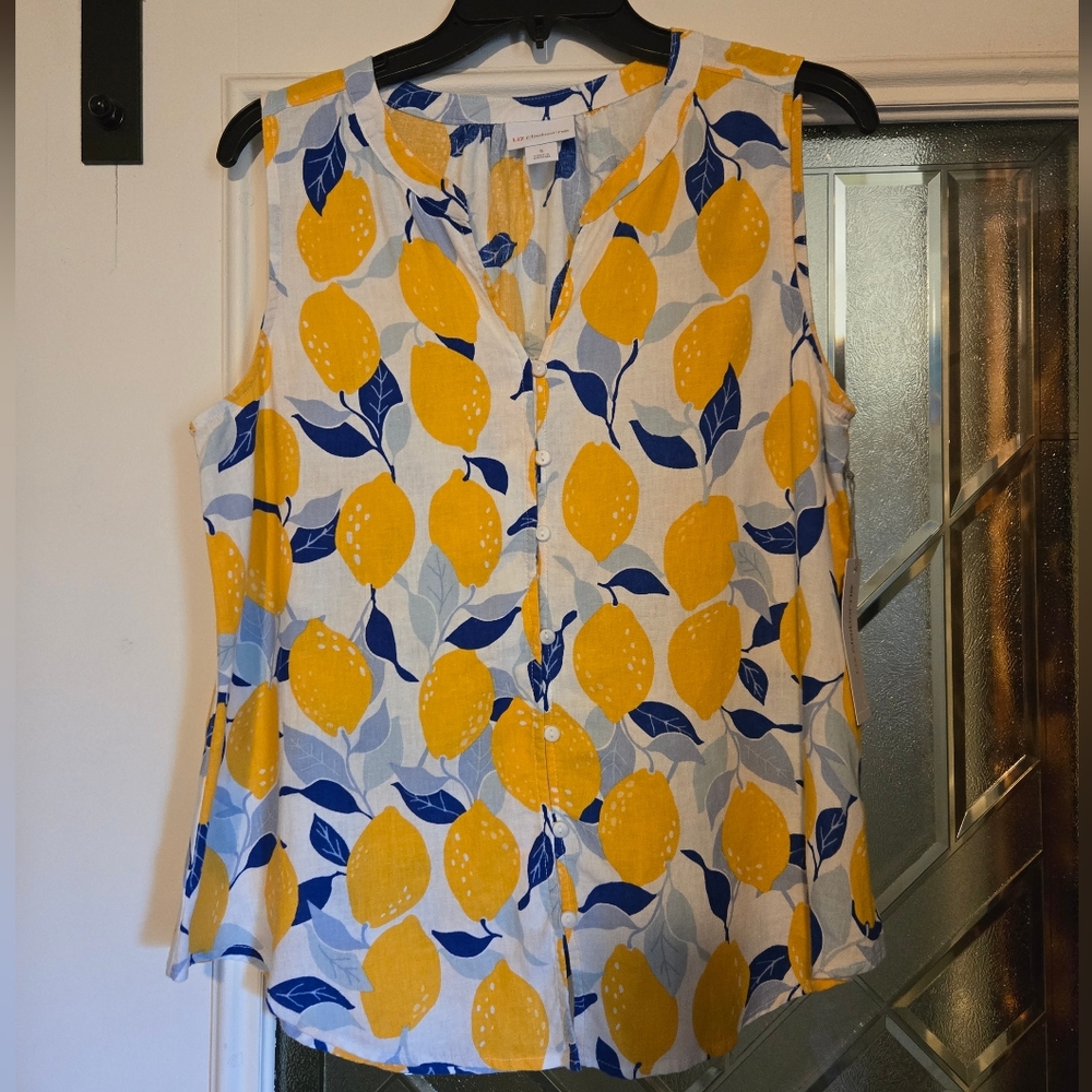 Liz Claiborne Yellow and Blue Lemon Print Blouse